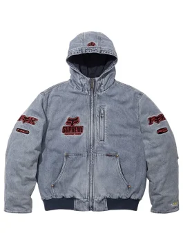 Light grey Supreme Fox Racing Denim Hooded Work Jacket front view highlighting chest embroidery and dual front pockets.