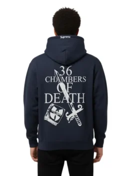 Limited edition Supreme x Wu-Tang Clan Hooded Sweatshirt in navy blue. Male model back view, featuring the white 