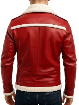 Men Red Shearling Leather Jacket Stylish Winter Outfit