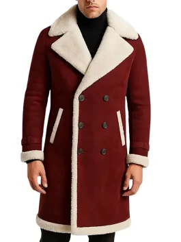 Men’s Maroon Shearling Long Winter Coat Stylish and Warm