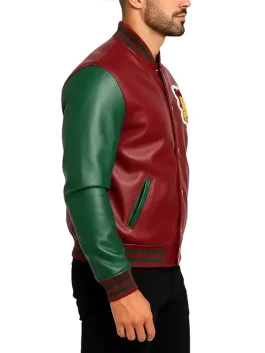 Men’s Maroon and Green Leather Varsity Jacket for Winter