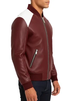 Men’s Maroon and White Leather Bomber Jacket for Winter