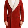 Men’s Red Shearling Christmas Long Coat with Fur Collar