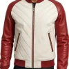 Men’s White and Red Leather Bomber Jacket Trendy Style