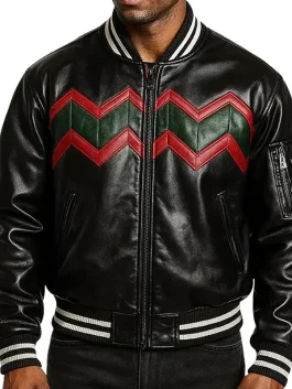 Men’s black and red reindeer leather jacket with green chevron design, stylish varsity-inspired outerwear for Christmas 2025