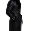 Men’s black shearling leather jacket with belted waist and zip closure, elegant long winter coat for modern cold-weather fashion.