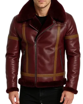Men’s maroon shearling leather winter jacket with brown straps and zipper pockets, luxury outerwear for stylish cold-weather fashion