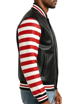 Modern Men’s Leather Varsity Jacket in Red and Black Stripes