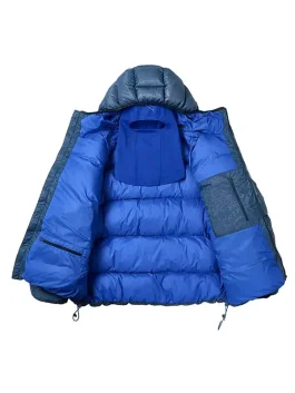 Inside view of Palace Quantum Balaclava Puffa Jacket in blue showing padded interior and built-in balaclava hood design.