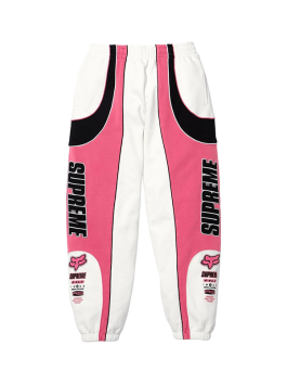Pink and white Supreme Fox Racing Sweatpant paired with the Zip Up Hooded Sweatshirt with Pant, styled with bold Supreme logo and Fox Factory Team print.