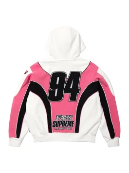 Back view of pink and white Supreme Fox Racing Zip Up Hooded Sweatshirt with Pant featuring 94 print and Supreme Fox Factory Team logo.