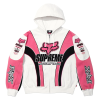 Supreme Fox Racing Zip Up Hooded Sweatshirt with Pant in pink and white, motocross-inspired streetwear hoodie with Fox logo and Supreme Factory Team graphics.
