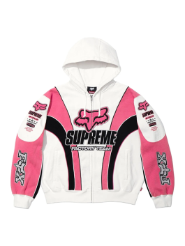Supreme Fox Racing Zip Up Hooded Sweatshirt with Pant in pink and white, motocross-inspired streetwear hoodie with Fox logo and Supreme Factory Team graphics.