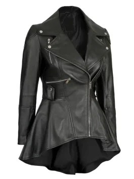 Elegant black leather peplum jacket crafted from genuine leather with stylish collar and modern fit for fashionable women.
