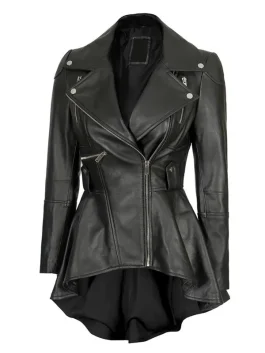 Premium black peplum leather jacket women style featuring asymmetrical zipper, flared waist, and soft leather finish for a chic look.