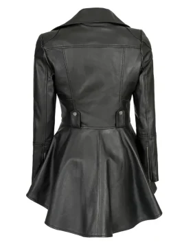 Back view of ladies black peplum leather jacket showing flared hem design and fine stitching in smooth genuine leather.