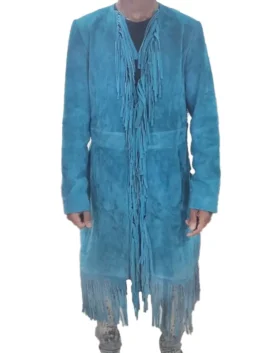 Full front view of the Reba McEntire The Voice S28 blue fringe coat, an iconic country singer look for Team Reba.