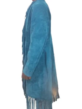 Reba McEntire blue fringe coat The Voice Season 28, a full-length side view of the blue suede fringe coat.