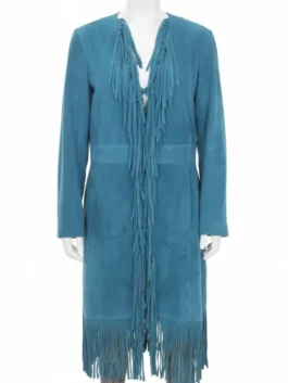 Front view of the Reba McEntire western fringe coat The Voice Season 28, a stunning blue fringe maxi coat on a white mannequin.