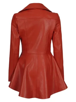 Back view of red leather peplum jacket women