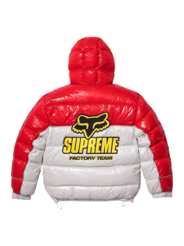 Red and white Supreme Fox Racing Shiny Down Puffer Jacket showcasing large Supreme logo and Fox Racing design, stylish winter down jacket.