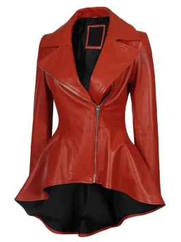 Red fitted leather peplum jacket for women