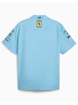 Back view of scuderia ferrari team miami shirt in light blue featuring Ferrari logo on collar and sponsor prints on sleeves