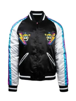 Front view of Security Breach FNAF Varsity Jacket, a black and white FNAF unisex varsity jacket with embroidered FNAF logo varsity jacket.
