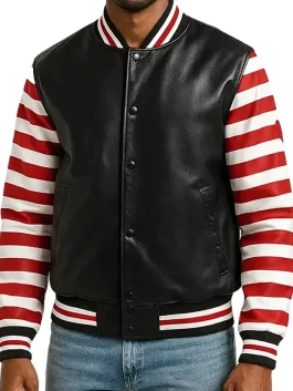 Stylish Black Red Varsity Leather Jacket for Men Fashion