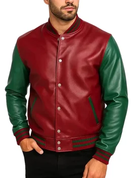 Stylish Green Maroon Varsity Leather Jacket for Men
