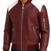 Stylish Maroon White Leather Bomber Jacket Men Trend