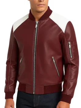 Stylish Maroon White Leather Bomber Jacket Men Trend