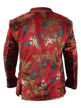 Stylish red floral printed blazer back view for men’s fashion wear