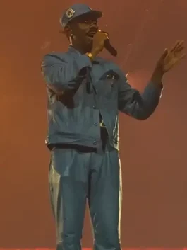 Buy the Sugar On My Tongue Tyler The Creator blue costume outfit featuring matching jacket and trousers, inspired performance look for fans.
