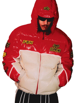 Model styling Supreme Fox Racing shiny down puffer jacket red and white, winter streetwear puffer coat.