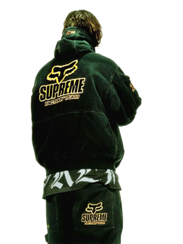 Back design of Supreme Fox Racing Denim Hooded Work Jacket showcasing large Supreme Factory Team logo in orange.