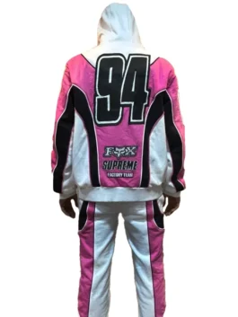 Back view of the Supreme Fox Racing Zip Up Hooded Sweatshirt showing the large number 94 and collaborative Fox Racing logo design.