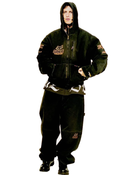 Front look of Supreme Fox Racing Denim Hooded Work Jacket in black with detailed Fox Racing patches on chest and sleeves.