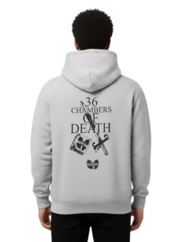 Supreme x Wu-Tang Clan Hooded Sweatshirt in light grey. Male model back view, displaying the black 