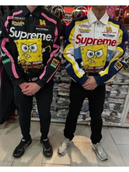 Two people wearing the Supreme x SpongeBob racing jacket, one in the black and pink colorway and the other in the white, navy, and yellow colorway, featuring a large Spongebob graphic on the front.