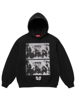 Supreme x Wu-Tang Clan Hooded Sweatshirt in black. Front view, featuring a large graphic of two black and white Wu-Tang Clan group photos with the Wu-Tang logo.