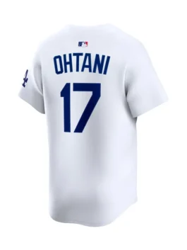 Back side of the Sydney Sweeney LA Dodgers Nike White jersey (a Limited Player/Vapor Premier style). Features the name 'OHTANI' and number 17 in blue. This is the authentic style of the Sydney Sweeney Ohtani Dodgers jersey and is a Sydney Sweeney LA Dodgers Nike jersey.