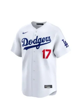 Front side of the Sydney Sweeney LA Dodgers Nike White jersey (a Limited Player/Vapor Premier style) for Shohei Ohtani. Features the 'Dodgers' script in blue, the Nike logo, and the number 17 in red. This jersey is the style seen in the Sydney Sweeney Dodgers game outfit and is a type of Sydney Sweeney Shohei Ohtani jersey that she wears on the Dodgers Game day 4 .