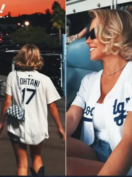 Split image showing Sydney Sweeney at a Dodgers game. The left panel shows her walking away, clearly displaying the back of her white Shohei Ohtani Dodgers jersey with the name 'OHTANI' and number '17'. The right panel shows her smiling while seated, wearing the Sydney Sweeney LA Dodgers jersey, emphasizing her Sydney Sweeney baseball jersey.