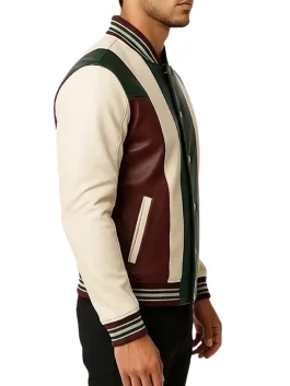 Trendy Green Cream Varsity Jacket with Maroon Sleeves
