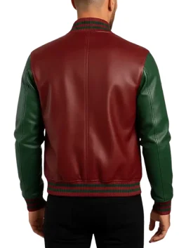 Trendy Maroon Green Leather Varsity Jacket Men’s Fashion