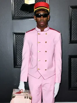 Tyler the Creator igor costume in pink bellhop suit ideal for halloween tyler the creator costume fans.