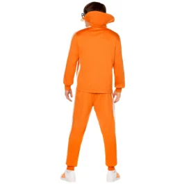 Rear view of a person wearing a complete Vector Costume, highlighting the orange tracksuit jacket and pants, white stripes, and the exaggerated high collar detail.