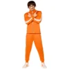 A person in a full Vector costume from Despicable Me, featuring an orange tracksuit with white stripes, large black glasses, a dark wig with a bowl cut, and white sneakers, posing with their arms crossed and fingers pointing.