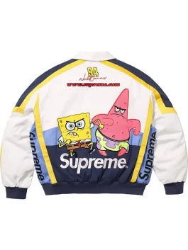 Detailed back shot of the white, navy, and yellow Supreme SpongeBob Jacket showcasing Spongebob and Patrick graphics and the Supreme logo, a classic SpongeBob SquarePants Racing Jacket look.